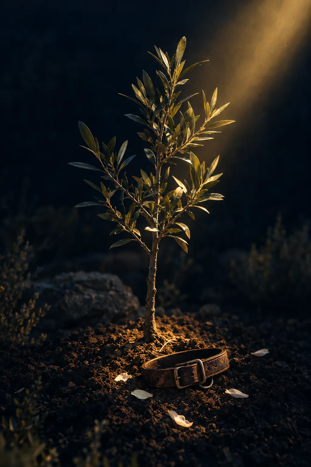 Ein junger Olivenbaum in dunkler Erde, an seinem Fuß ein altes Lederhalsband, ein goldener Lichtstrahl fällt darauf