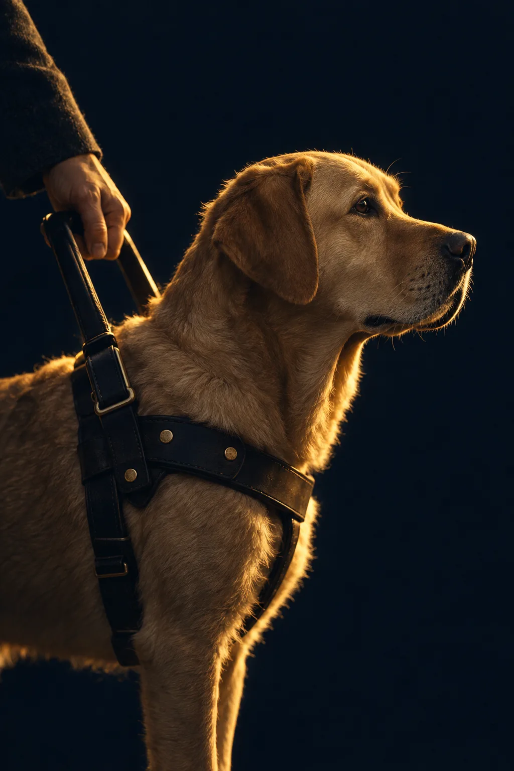 Ein heller Assistenzhund mit dunklem Führgeschirr, eine Hand ruht auf dem Haltegriff