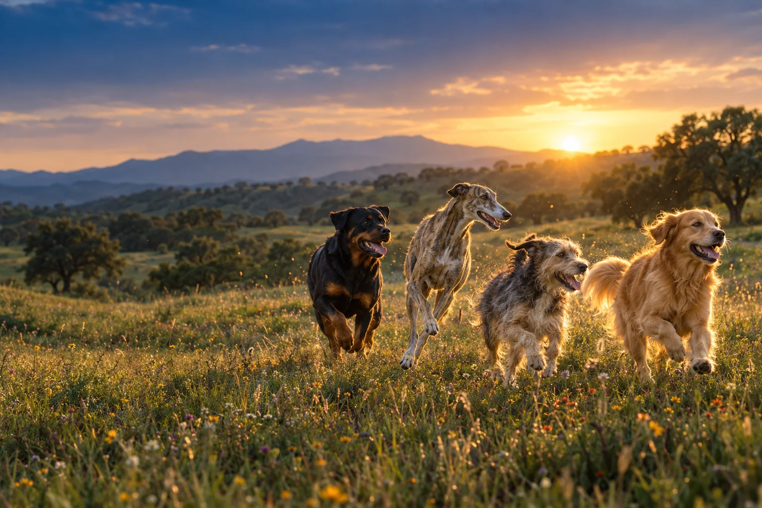 Vier Hunde, darunter ein Rottweiler und ein Galgo, laufen im goldenen Abendlicht spielend über eine Blumenwiese in hügeliger Landschaft